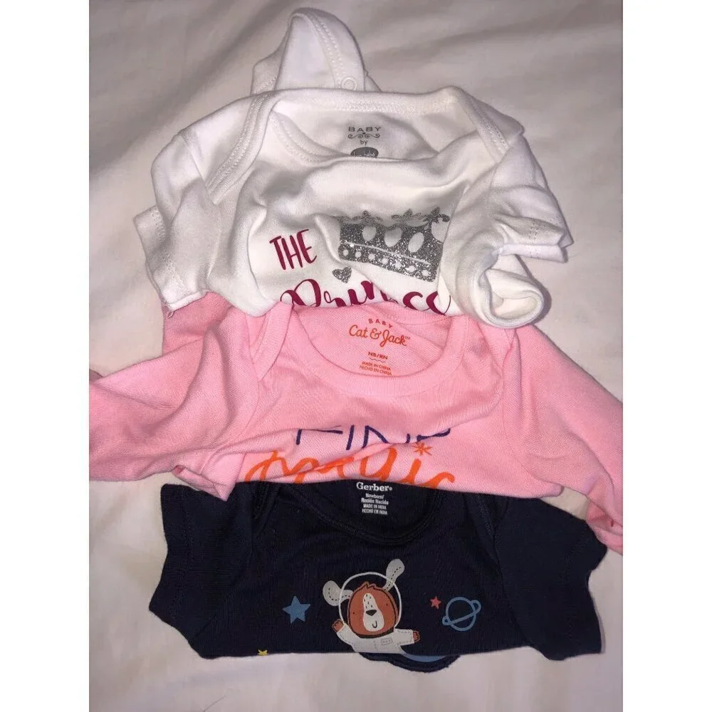 Baby One Piece Lot of 3 Newborn 0-3M Princess Space Pink White Blue Sparkle
